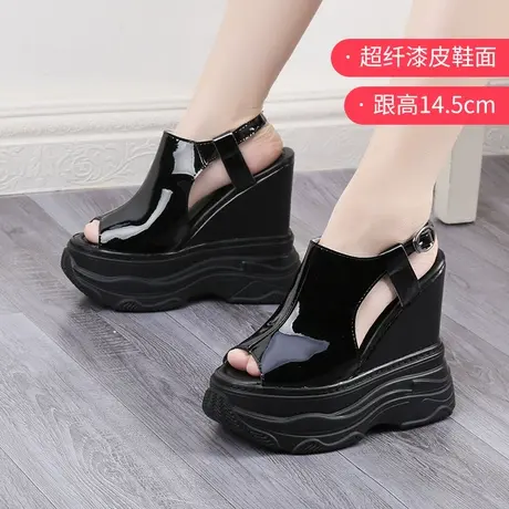 断码鞋低坡跟罗马凉鞋女夏外穿真皮厚底松糕鞋鱼嘴增高凉拖鞋14CM商品大图