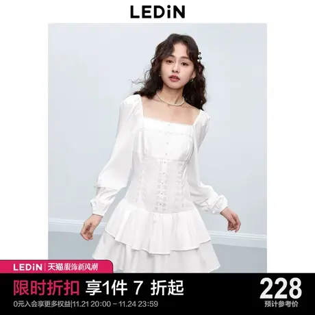 乐町甜美方领花边连衣裙女2023年新品高级感蕾丝衬衫裙双层蛋糕裙商品大图