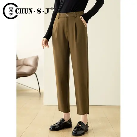 棕色裤子女小个子哈伦裤春秋2024新款高腰妈妈西装裤休闲萝卜裤图片