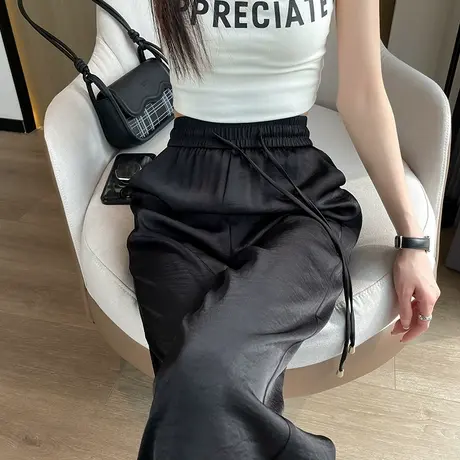 黑色窄版阔腿裤女春秋新款2024新款高腰垂感直筒冰丝凉凉拖地长裤商品大图