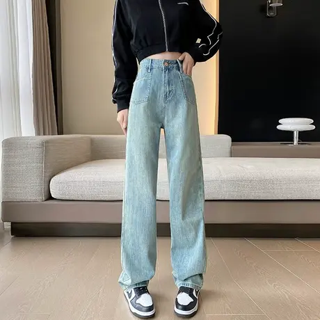 复古窄版阔腿牛仔裤女2024年春秋季高腰显瘦小个子宽松直筒拖地裤商品大图