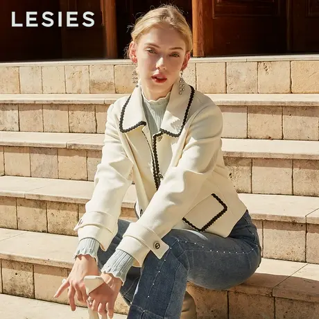 LESIES蓝色倾情秋冬季女装新款翻领小香F织带装饰甜美微弹短外套图片