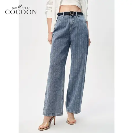 MISSCOCOON时尚裤子2023春新款女高腰直筒显瘦蓝色做旧风牛仔长裤商品大图