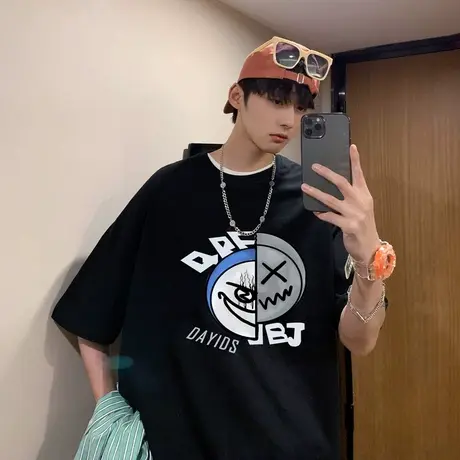 夏季新款港风短袖t恤男潮牌印花休闲宽松半袖学生夏装潮流上衣服商品大图