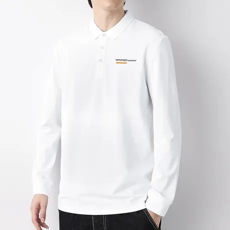 丝光珠地棉polo衫男长袖翻领t恤保罗带领打底衫字母印花白色秋衣图片