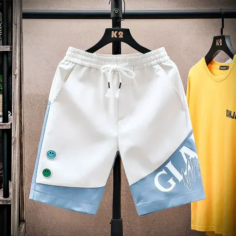 冰丝短裤男夏季撞色拼接五分休闲裤潮牌男生外穿三分运动风大裤衩商品大图