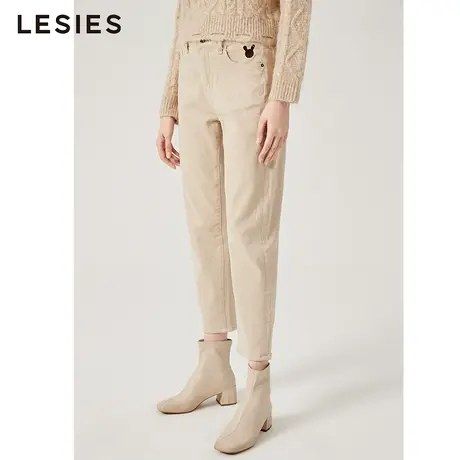 蓝色倾情 冬女装新款 米色百搭米奇绣花双插袋磨毛牛仔裤商品大图