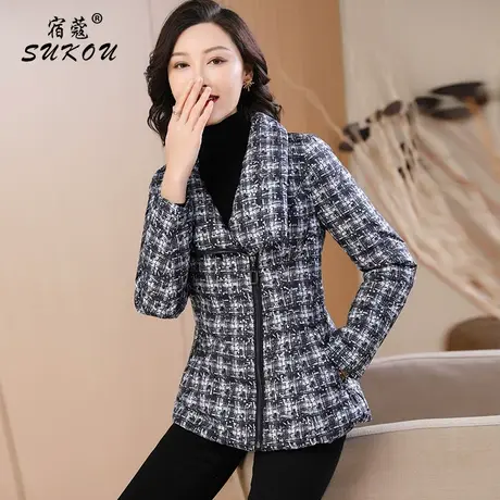 艺术黑白格子短款加厚羽绒服女小个子2024新款修身保暖白鸭绒外套商品大图