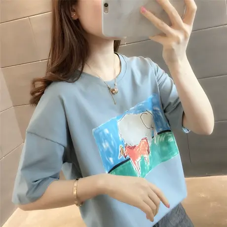2023新款夏季薄款可爱印花趣味小清新温柔风学生圆领t恤百搭韩女图片