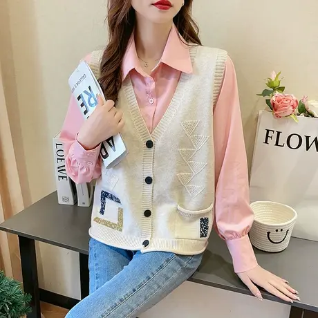 马甲背心针织外套春秋外穿2023新款宽松复古V领女士毛衣开衫马夹图片