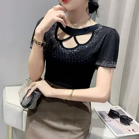2024夏季新款性感镂空短袖T恤女欧货网纱小衫百搭烫钻洋气上衣ins商品大图