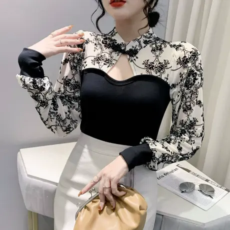复古印花长袖T恤女2024春秋新款性感镂空心机上衣网纱拼接打底衫商品大图