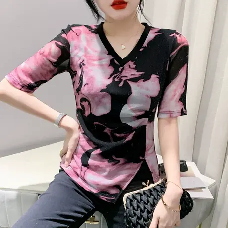 拼色印花网纱T恤女士2024夏装新款不规则开叉五分袖上衣气质小衫商品大图