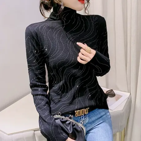 欧货高领打底衫女秋冬纯色百搭洋气毛衣套头设计感烫钻针织上衣潮图片