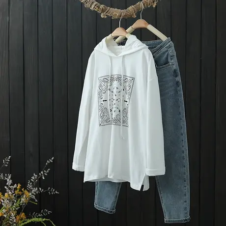 复古印花白色t恤女长袖连帽纯棉卫衣春秋新款宽松薄款打底衫上衣商品大图
