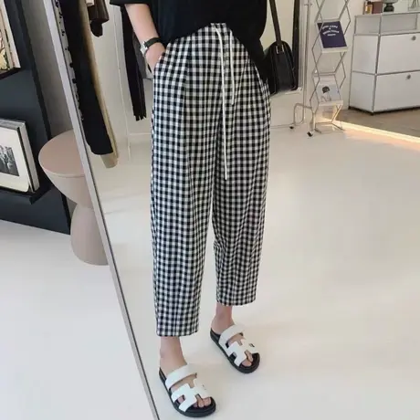 高腰薄款九分格子哈伦裤女2023夏季新款韩版显瘦休闲萝卜裤小脚裤图片