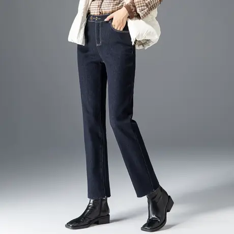 高腰加绒牛仔裤女冬季2023年新款显瘦直筒裤秋冬妈妈裤子女烟管裤图片