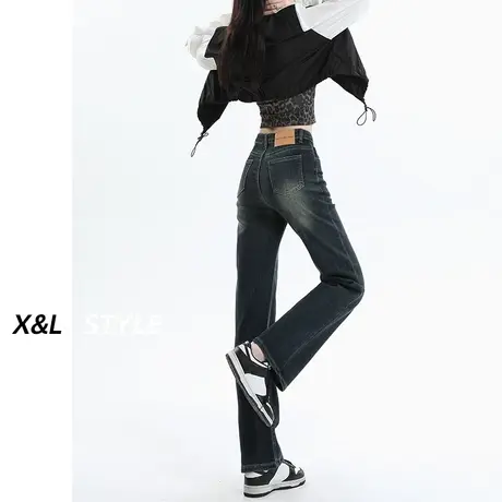 深蓝色直筒加绒牛仔裤女秋冬季2023新款小个子显瘦弹力窄版烟管裤图片