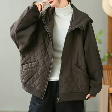 dza 复古宽松连帽拼接菱格棉衣外套女冬短款棉衣休闲上衣保暖棉袄图片