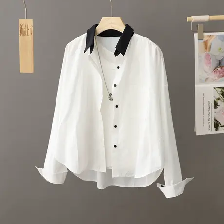 春秋拼色领白色衬衫外套女短款宽松2024新款小个子上衣衬衣开衫女图片