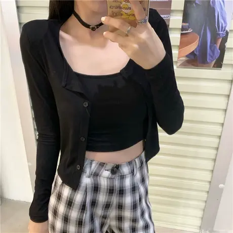 大码短款t恤女设计感小众胖妹妹纯欲风防晒罩衫叠穿秋季长袖上衣图片