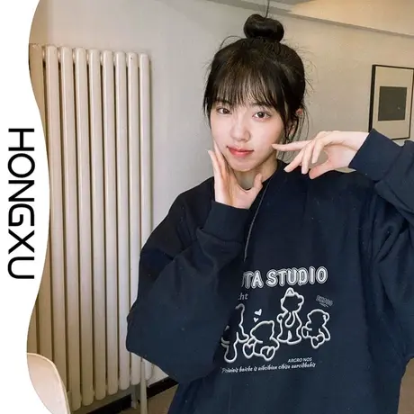 红续2023秋冬新款甜酷女孩套头卫衣oversize显瘦加绒加厚上衣长袖商品大图