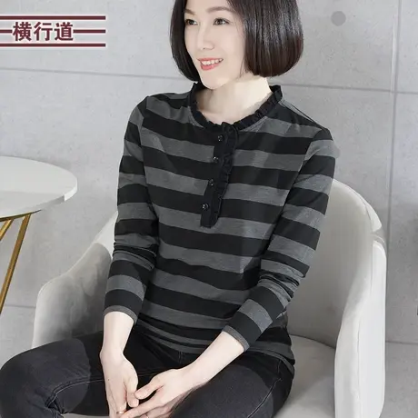 2024春装新款中年妈妈装长袖t恤女士海军风条纹打底衫立领上衣服商品大图
