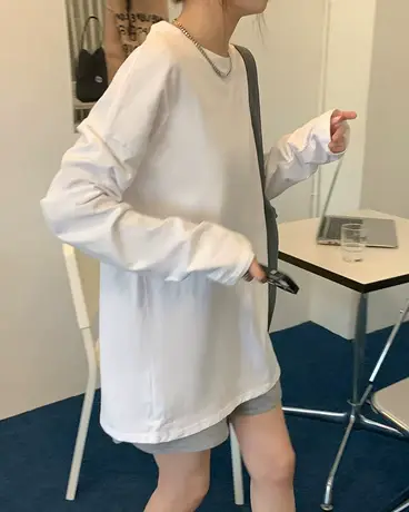 设计感小众2024新款早秋正肩t恤女夏季宽松别致上衣基础白色长袖商品大图