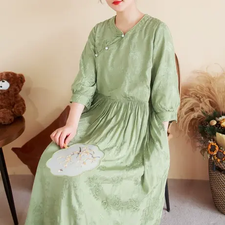 胖妹妹2025新品秋香绿盘扣新中式旗袍连衣裙大码宽松民商品大图
