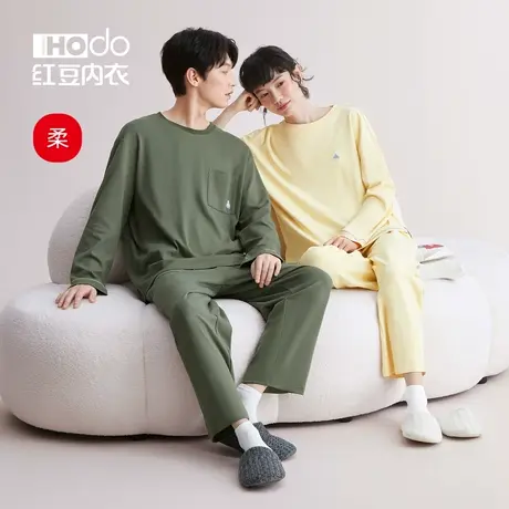 红豆情侣睡衣纯棉春秋款长袖套头居家休闲可外穿男女士家居服套装商品大图