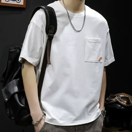 重磅白色短袖t恤男士夏季宽松大码潮牌加肥加大半袖口袋男装体恤商品大图