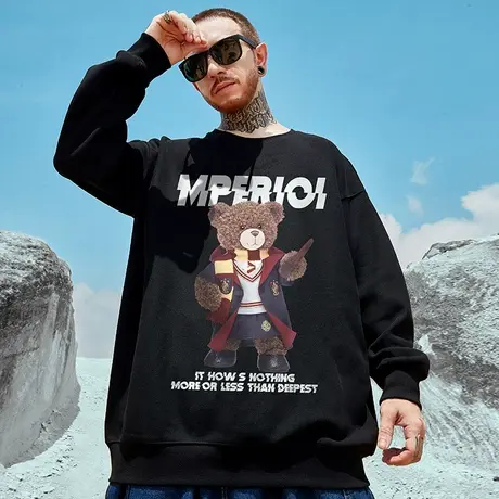 oversize小熊圆领卫衣男潮牌ins潮流大码男装秋冬季加绒情侣无帽图片