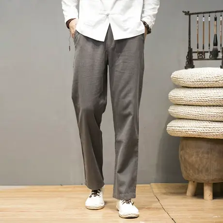 秋季复古棉麻长裤青年宽松阔腿直筒裤子男士中国风亚麻百搭休闲裤商品大图