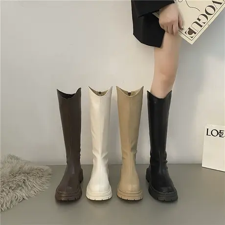 白色靴子女不过膝中筒v口厚底增高松糕马丁小个子高筒长筒骑士靴图片