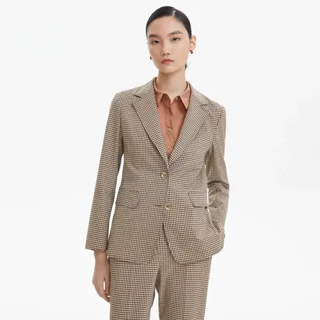 LANCY/朗姿秋季新长袖格纹收腰西装外套女高级翻领西服通勤奥莱图片