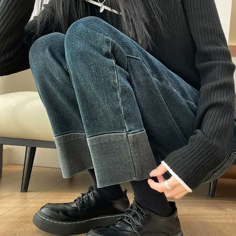 撞色直筒牛仔裤女春秋新款小个子高腰宽松显瘦百搭九分阔腿烟管裤商品大图