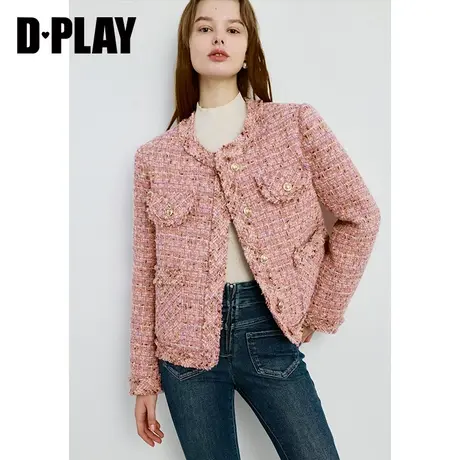 DPLAY春粉色名媛小香风加厚保暖粗花呢短外套小个子女上衣商品大图