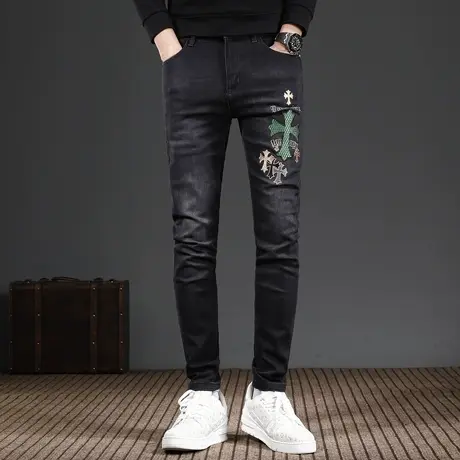 高端黑色刺绣牛仔裤男秋冬款2023新款修身小脚潮牌潮流弹力男裤子商品大图
