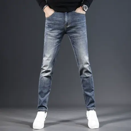 高端蓝色牛仔裤男秋冬款2023新款修身小直筒潮牌弹力休闲男士裤子商品大图