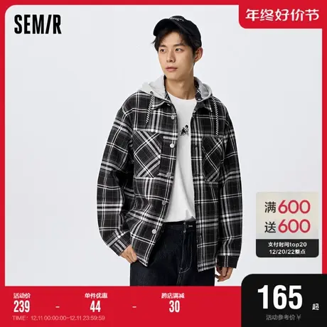 森马外套男秋季复古经典格纹男装日常宽松连帽衫时尚潮流休闲上衣图片