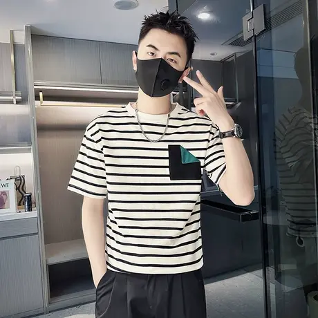 男士条纹T恤夏季短袖ins潮牌半袖2023新款男装上衣休闲夏装半截袖商品大图