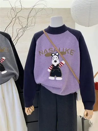 卡通小狗插肩袖撞色圆领长袖毛衣女2024冬季新款韩国百搭休闲上衣商品大图