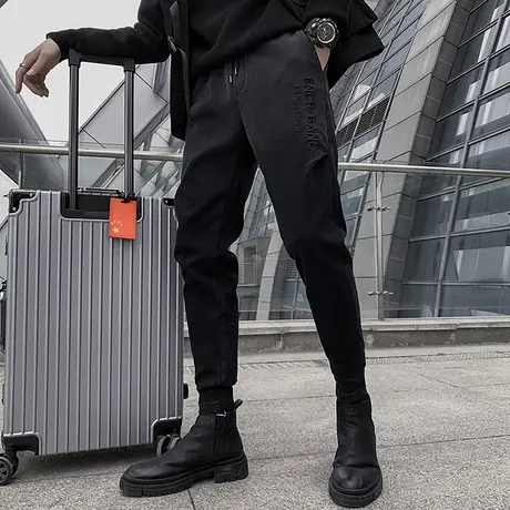 男运动裤子秋冬款哈伦裤加绒厚束脚刺绣韩版潮流秋季工装休闲长裤图片