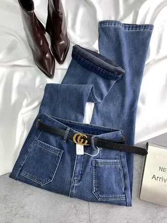 美式口袋牛仔喇叭裤女2023冬季新款加绒加厚高腰弹力包臀马蹄长裤商品大图