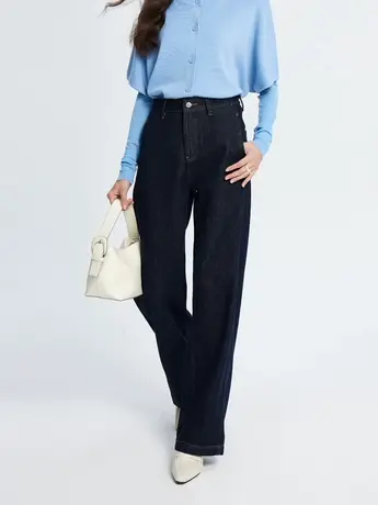 欧货深蓝牛仔直筒裤女2024春季新款显瘦百搭高腰宽松基础阔腿长裤商品大图