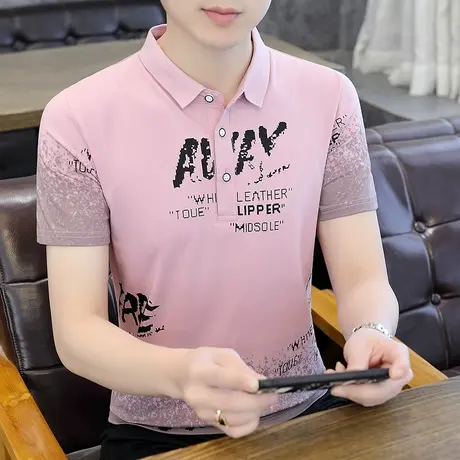夏季纯棉翻领Polo衫男短袖T恤韩版修身青年学生渐变色半袖打底衫商品大图