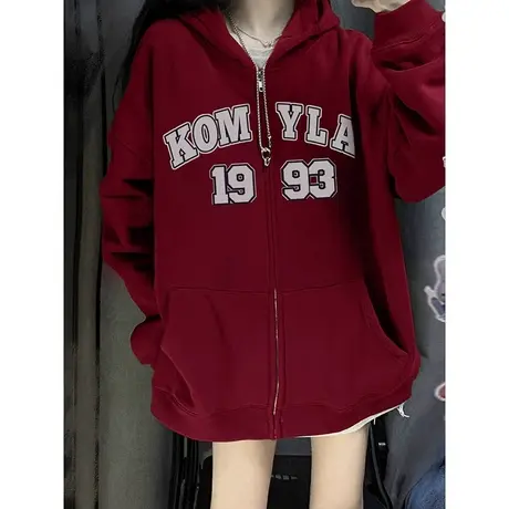 美式复古卫衣女秋冬季小个子高级感上衣连帽加绒加厚开衫拉链外套商品大图