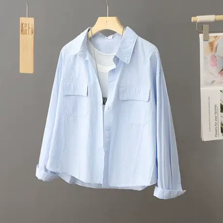 蓝色衬衫女外套春秋女装短款宽松外穿上衣小个子宽松韩版休闲衬衣商品大图