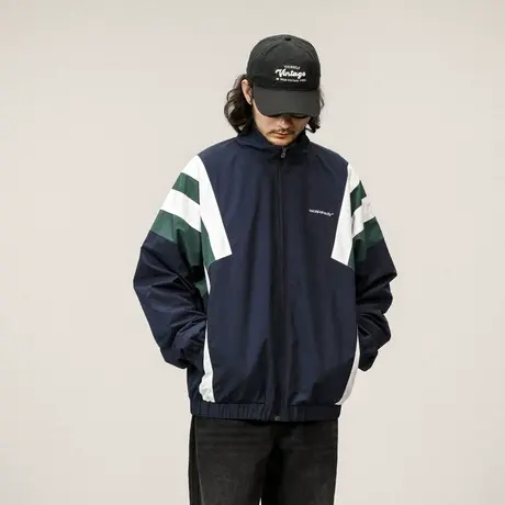 运动休闲夹克立领拼接休闲男外套复古休闲夹克秋冬新款外套休闲男图片