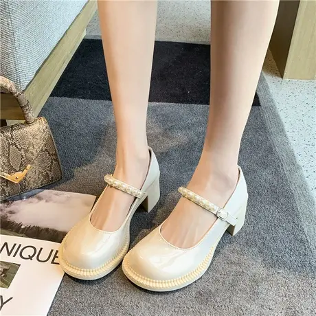 浅口单鞋女夏2024年新款仙女风温柔粗跟珍珠玛丽珍日系高跟小皮鞋商品大图
